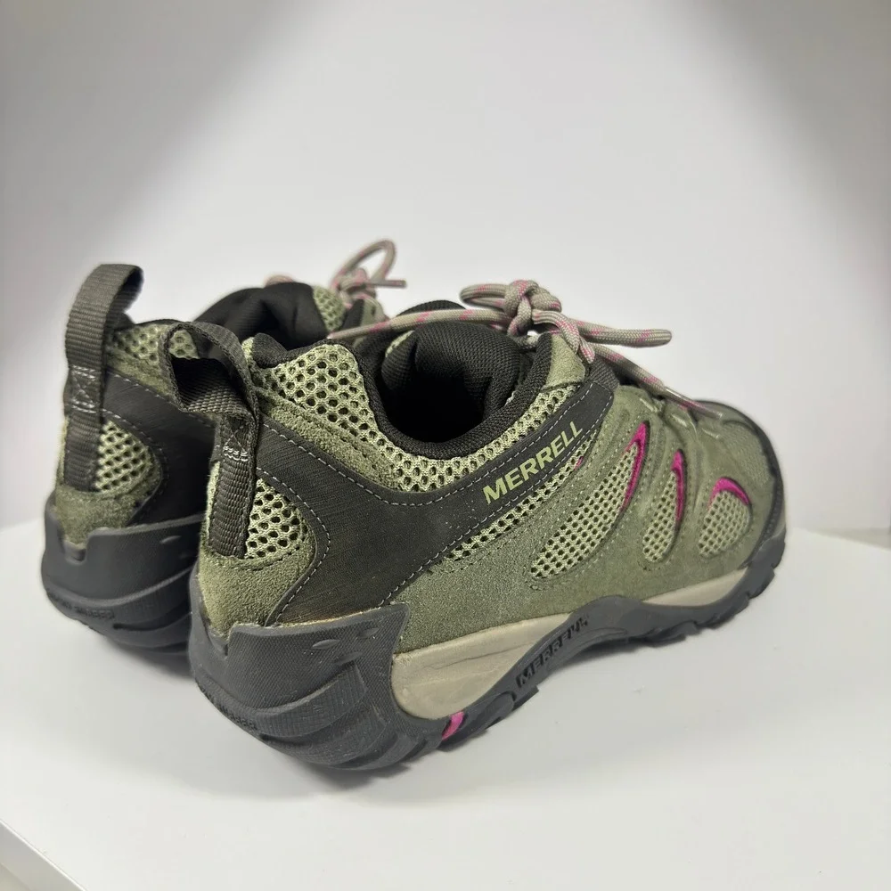 Merrell Alverstone Hiking Shoes Womens 9.5 Olive Green Pink Suede Mesh J135202